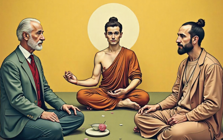 A Buddhist monk meditating under a Bodhi tree in a tranquil temple garden, symbolizing wisdom and peaceful leadership.
